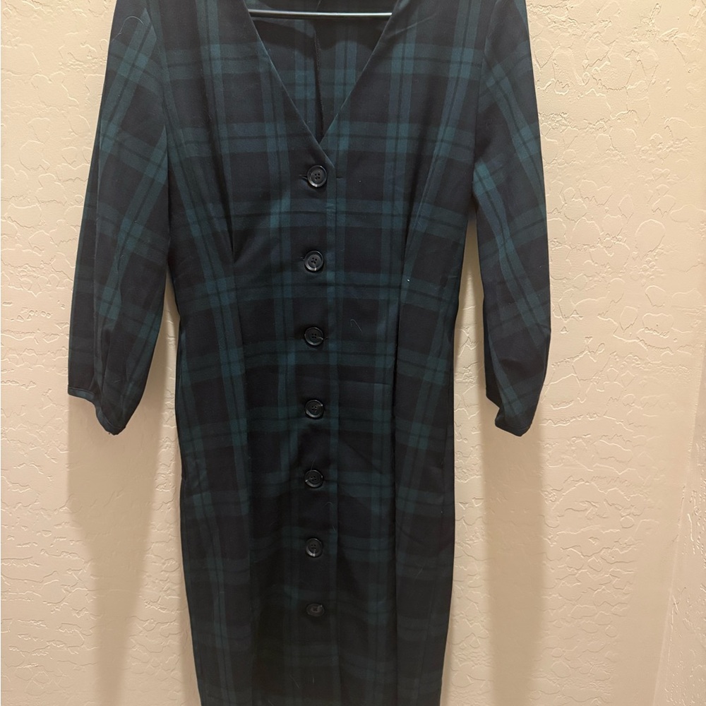 Mango Dark Green and Black Plaid Long Sleeve Midi Dress